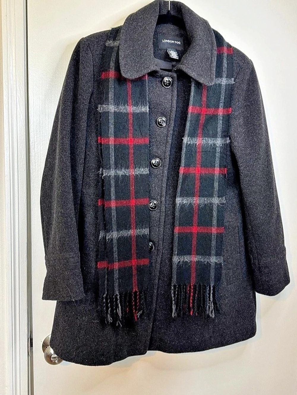 London Fog Wool Blend Single-Breasted Coat with Plaid Scarf Plaid Scarf Coat